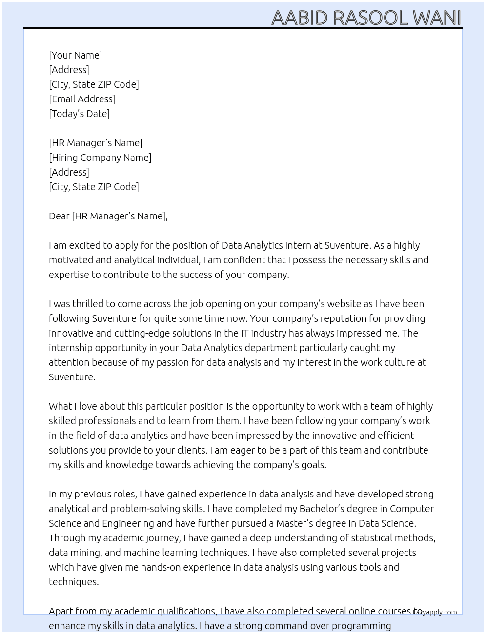 DATA ANALYTICS INTERN At Suventure Cover Letter