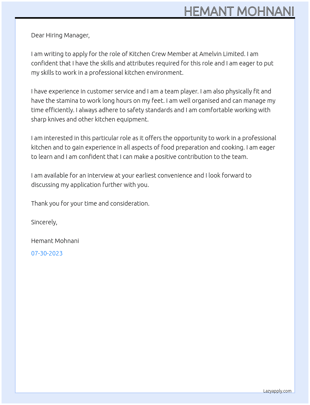 Kitchen Crew Member At Amelvin Limited Cover Letter