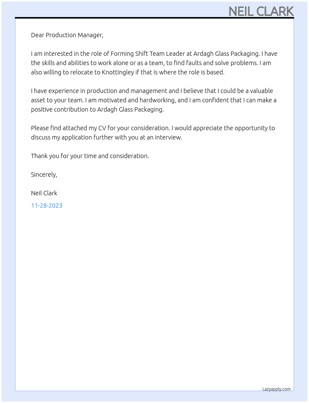 Forming shit team leader At Ardagh glass packaging  Cover Letter