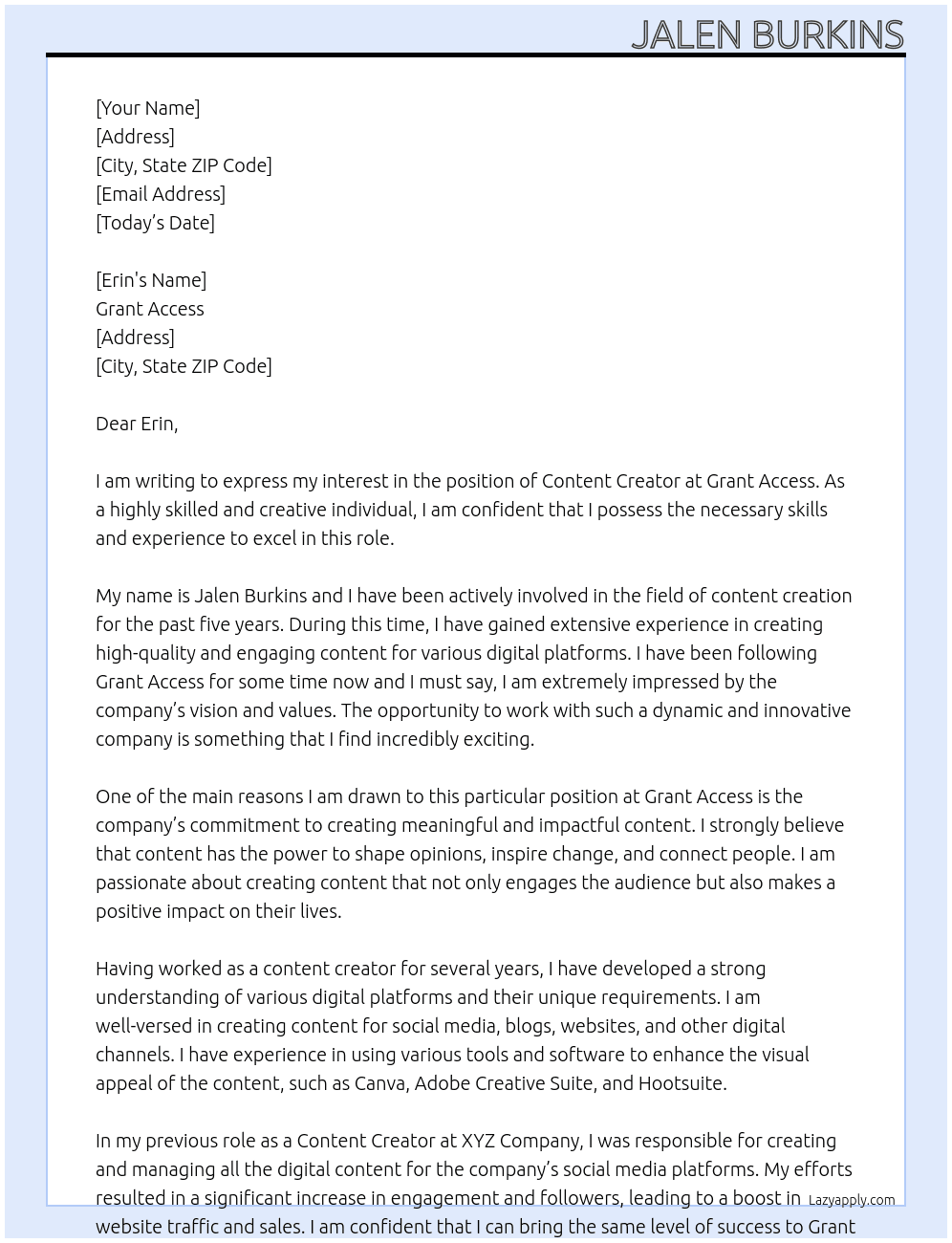 Content creator  At Grant Access Cover Letter