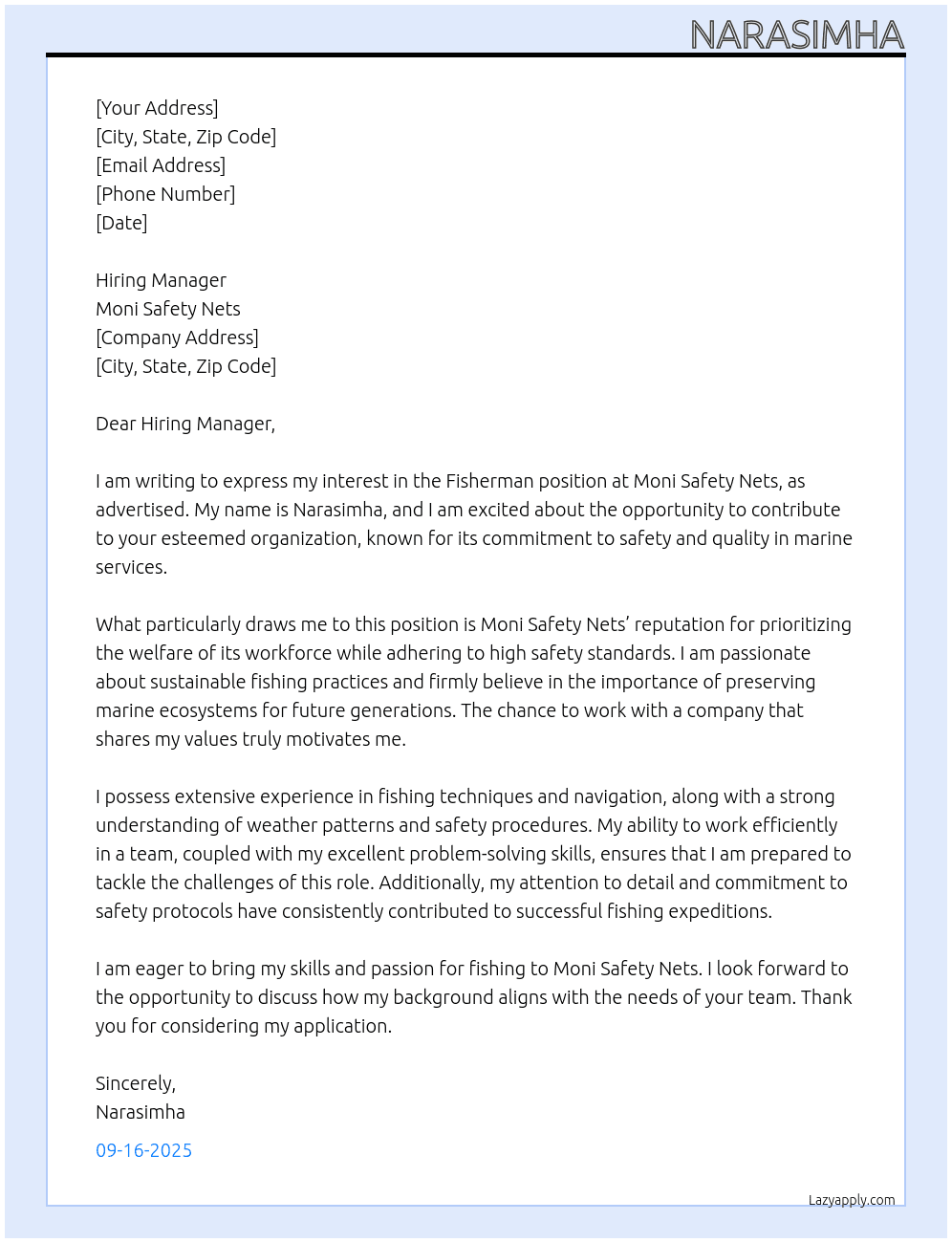 Fisher men At Moni safety nets  Cover Letter