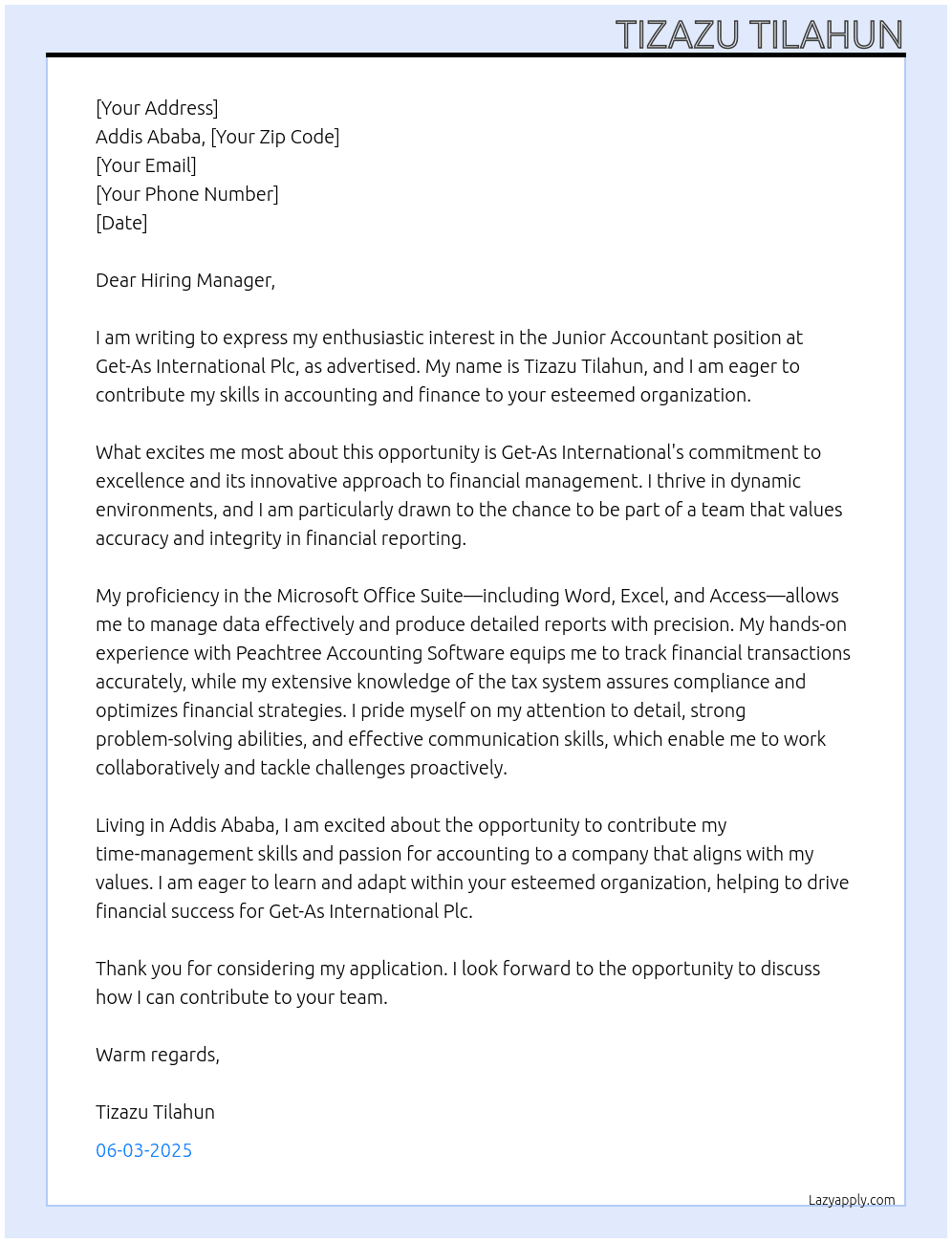 Junior Accountant  At Get-As International Plc Cover Letter
