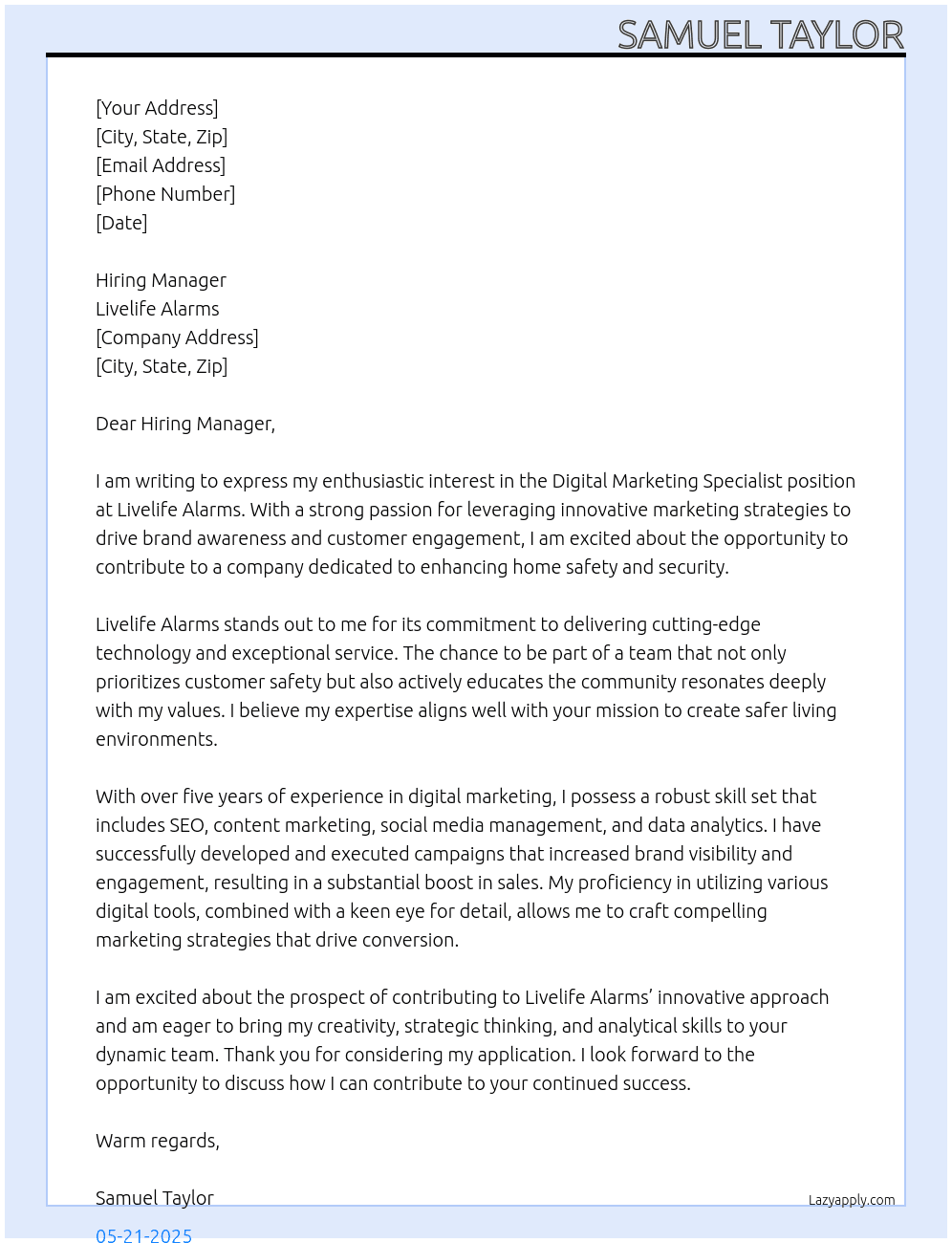 Cover letter for digial marketing specialist - LazyApply