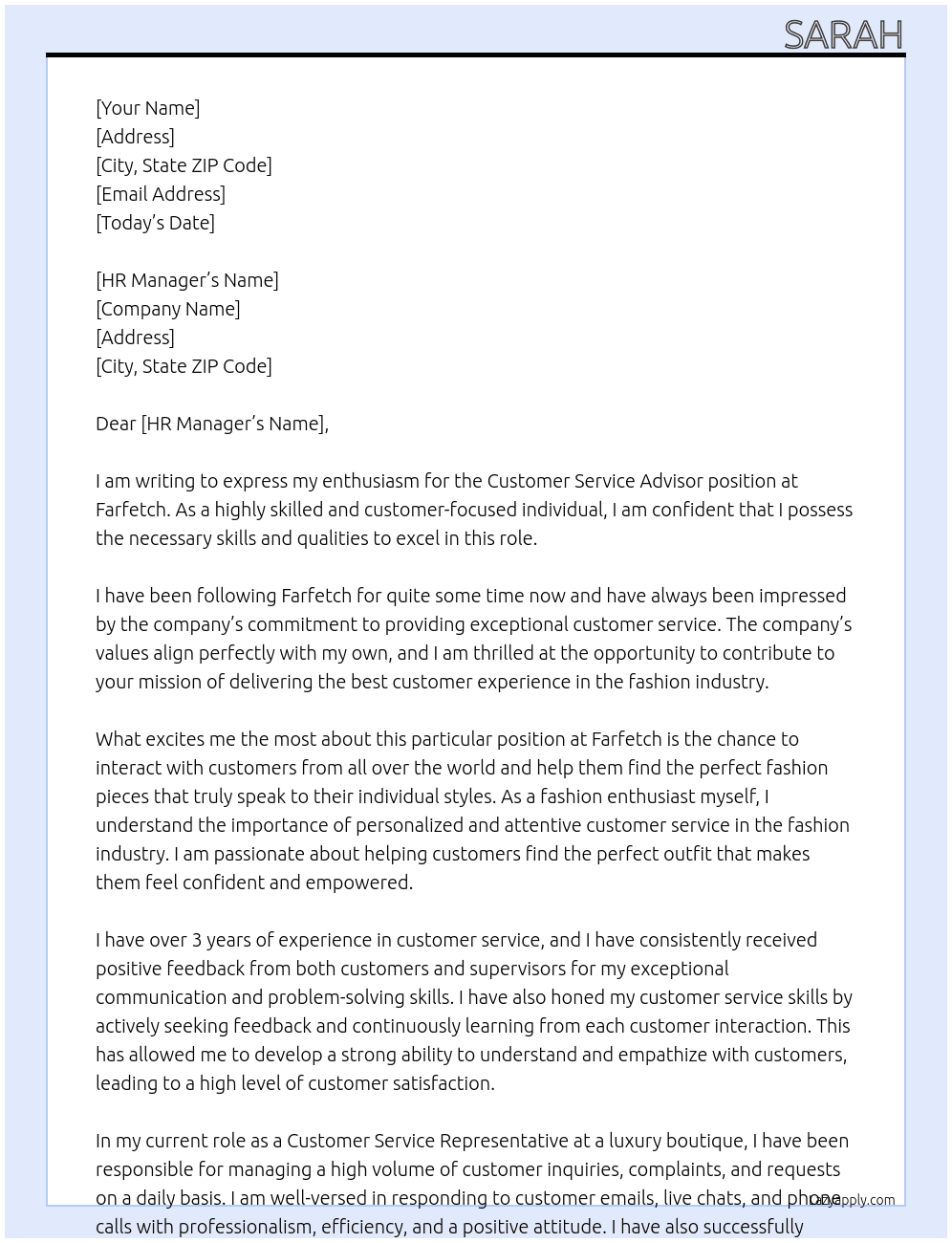 Customer Service Advisor At far fetch Cover Letter