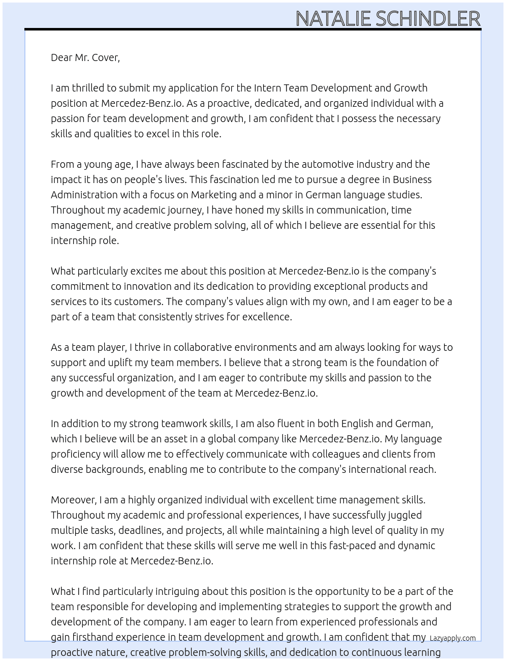 Intern Team Development and Growth At Mercedez-Benz.io Cover Letter