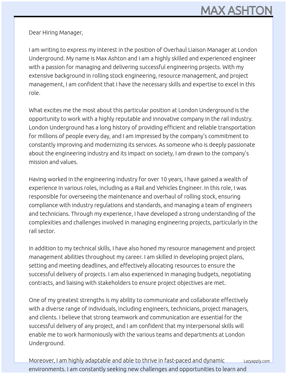Overhaul Liaison Manager At London Underground Cover Letter