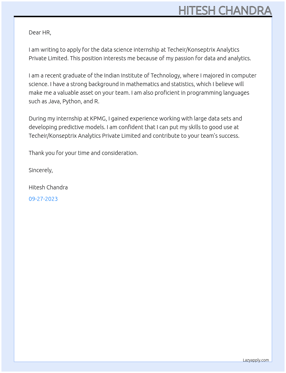 data science internship At Techeir/Konseptrix Analytics Private Limited Cover Letter