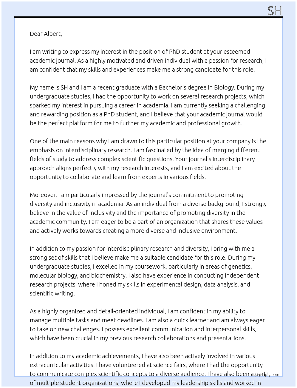 PhD student At academic journal Cover Letter