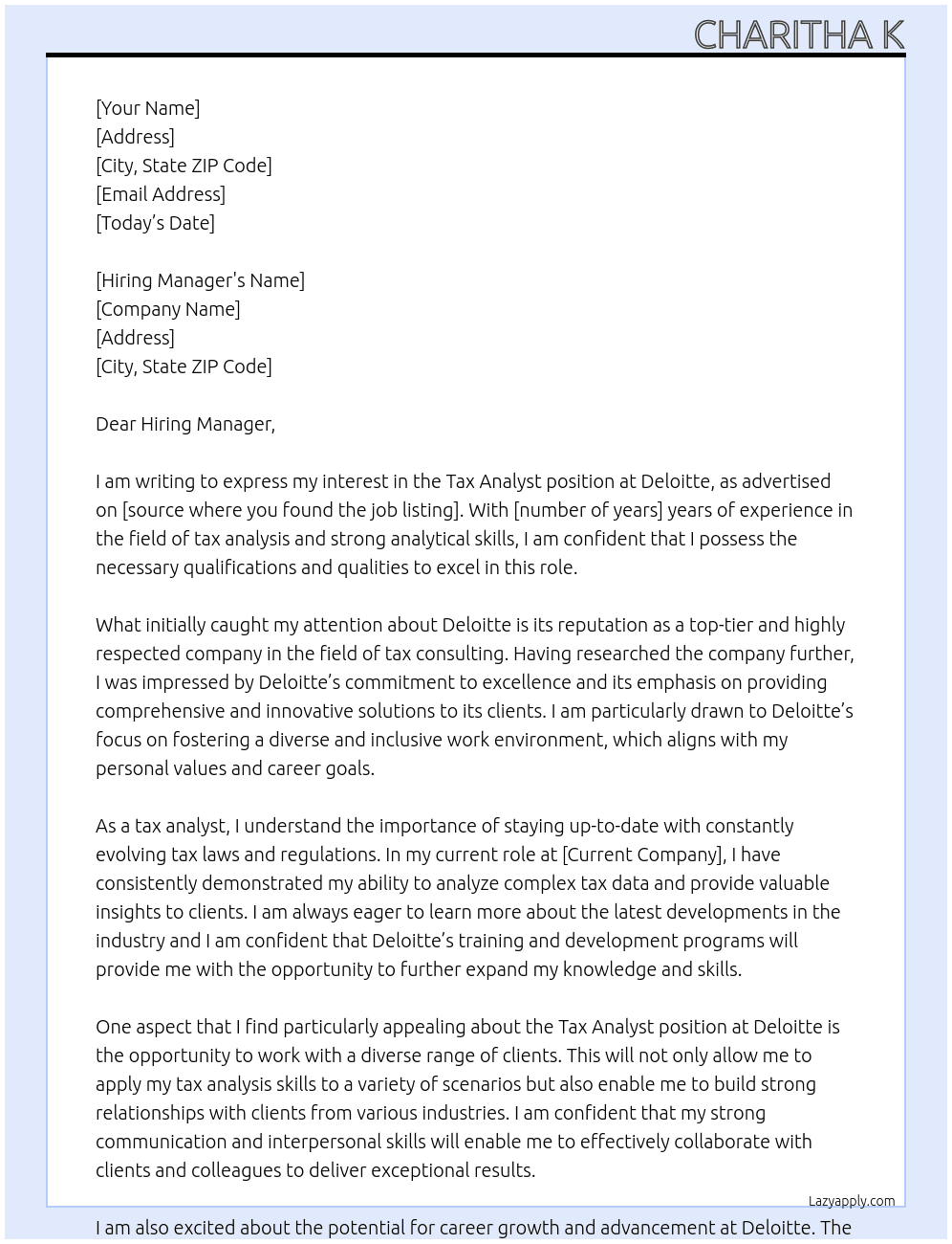 tax analyst At Deloitte Cover Letter