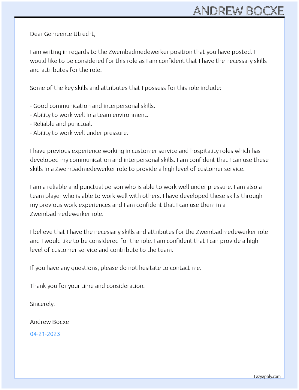 Zwembadmedewerker At Gemeente Utrecht  Cover Letter