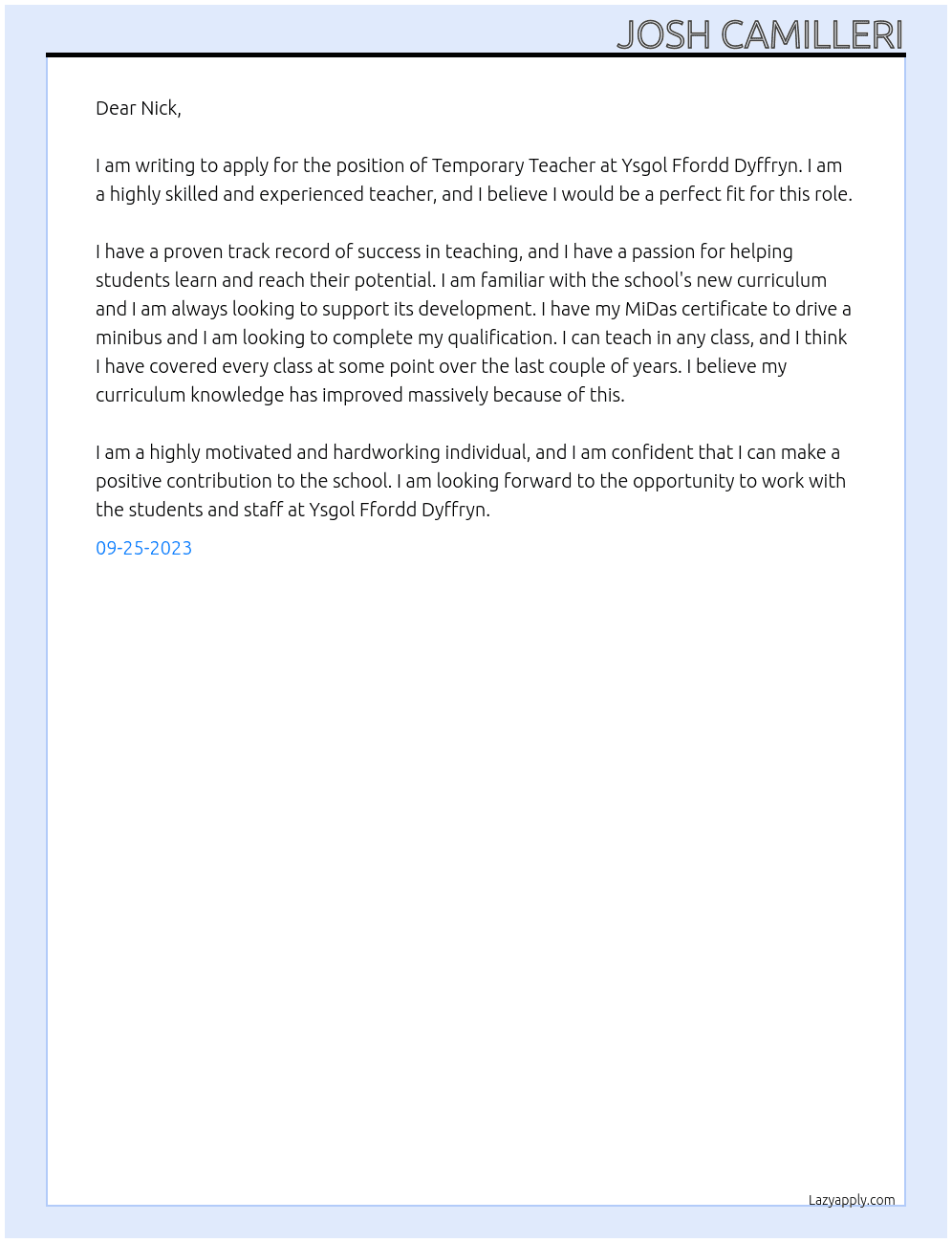 Temporary Teacher At Ysgol Ffordd Dyffryn Cover Letter