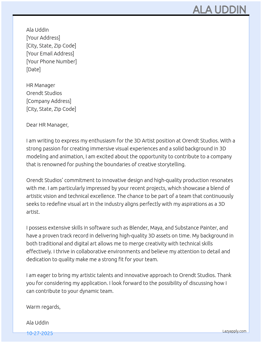 3D Artist  At Orendt Studios  Cover Letter