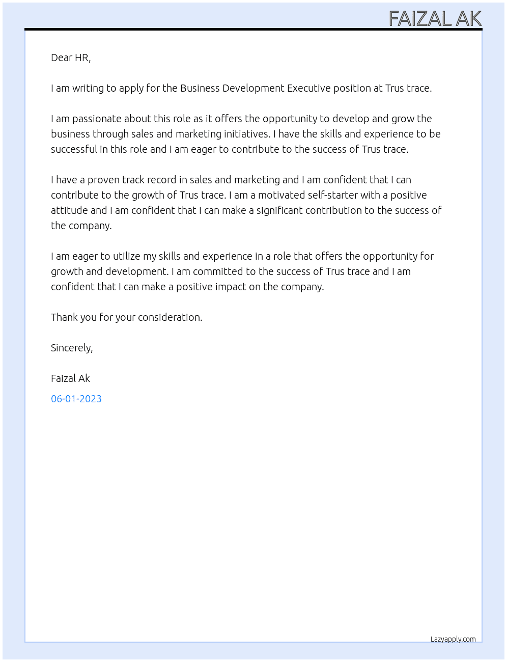 Business Development Executive At Trus trace Cover Letter