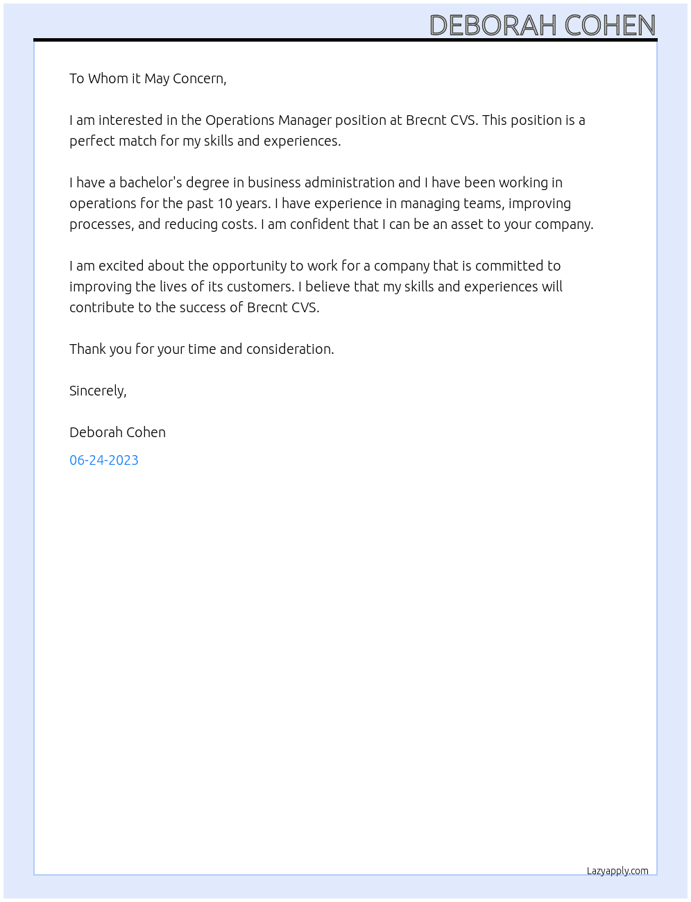 Operations Manager At Brecnt CVS Cover Letter