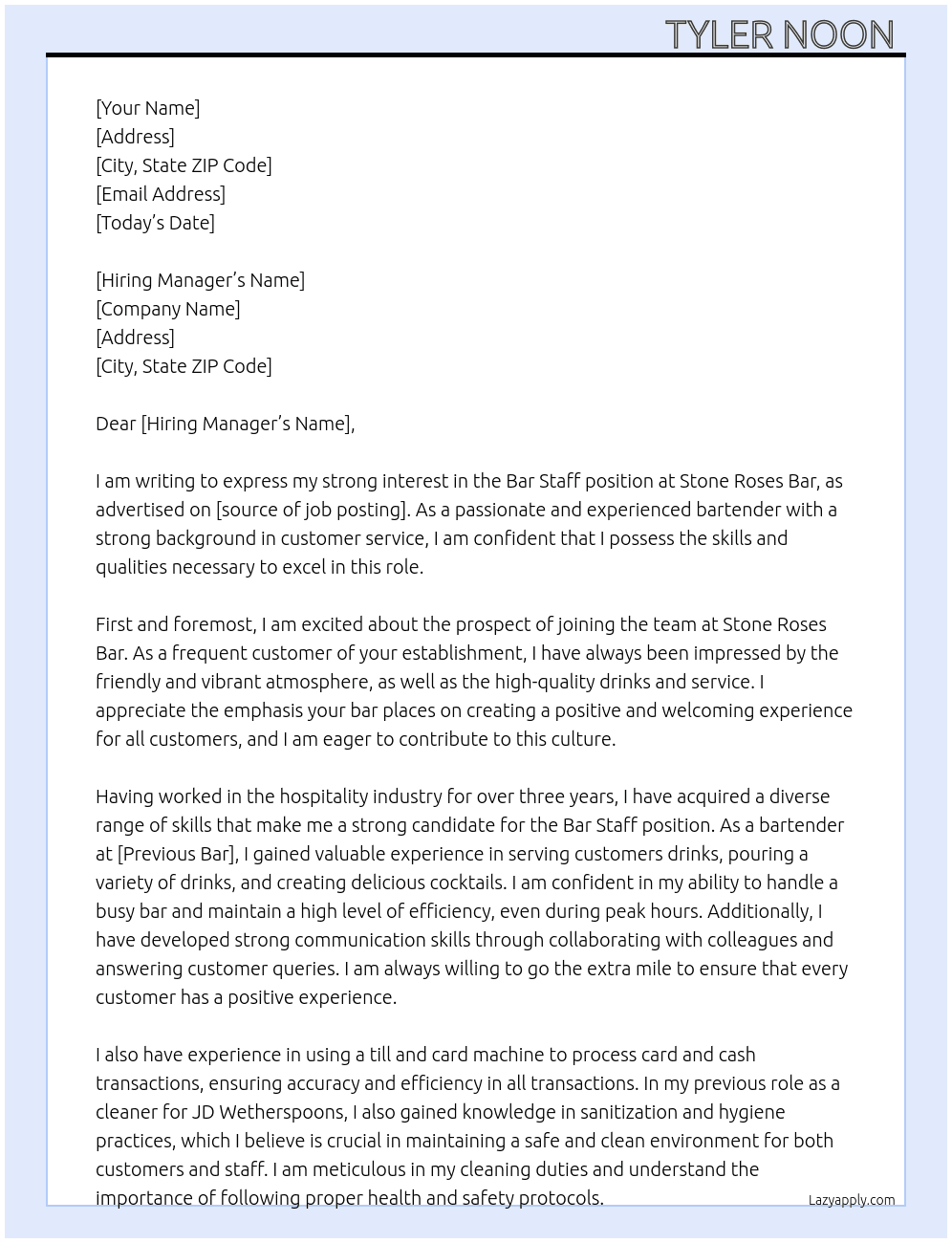 Bar Staff  At Stone Roses Bar Cover Letter