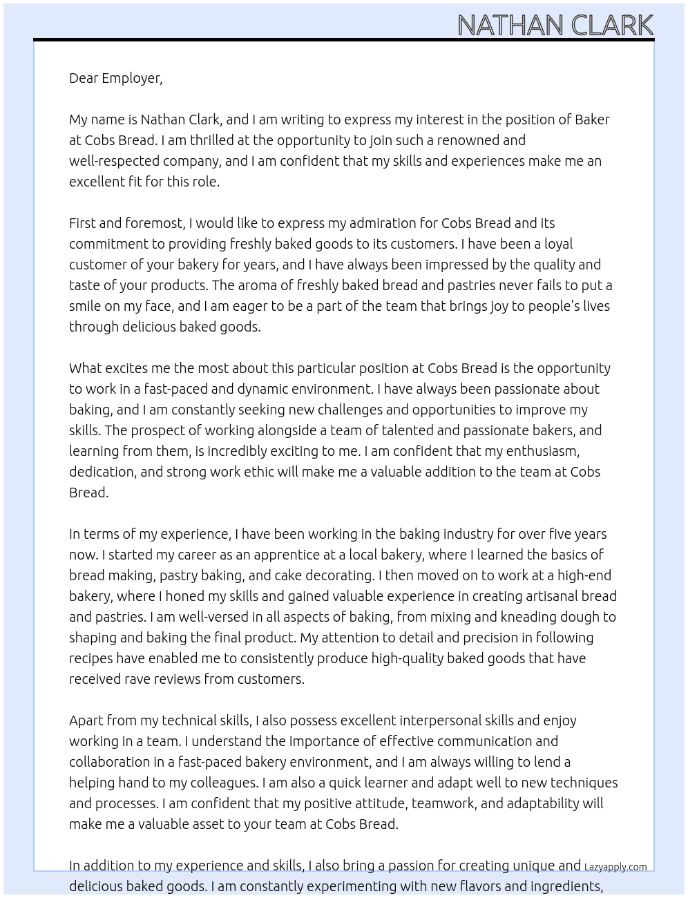 Baker At Cobs Bread Cover Letter