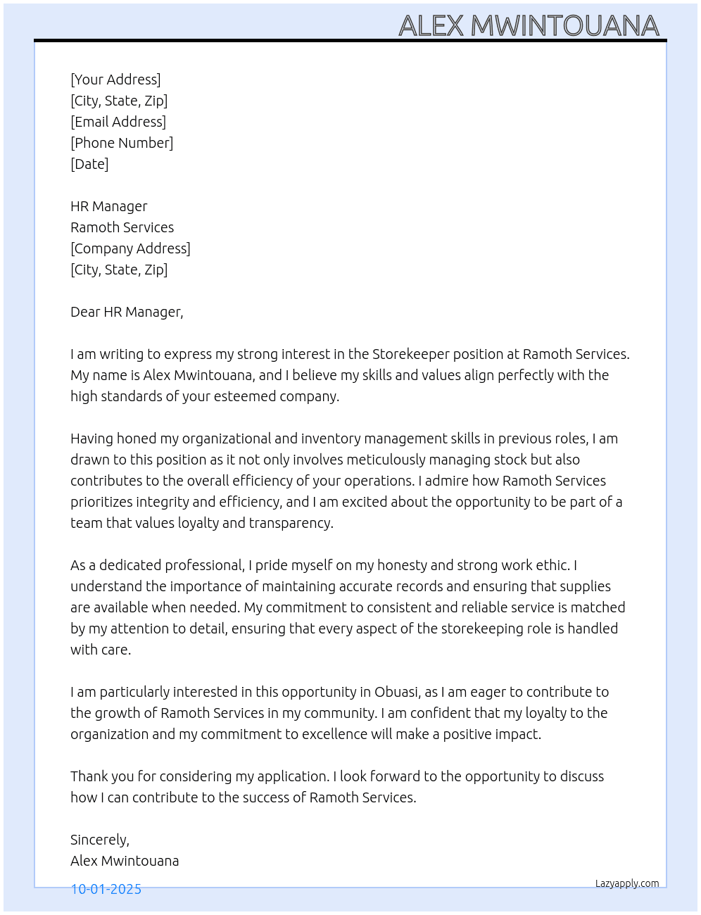 Storekeeper  At Ramoth Services Cover Letter