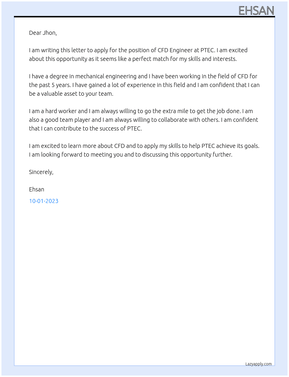 CFD Engineer At PTEC Cover Letter