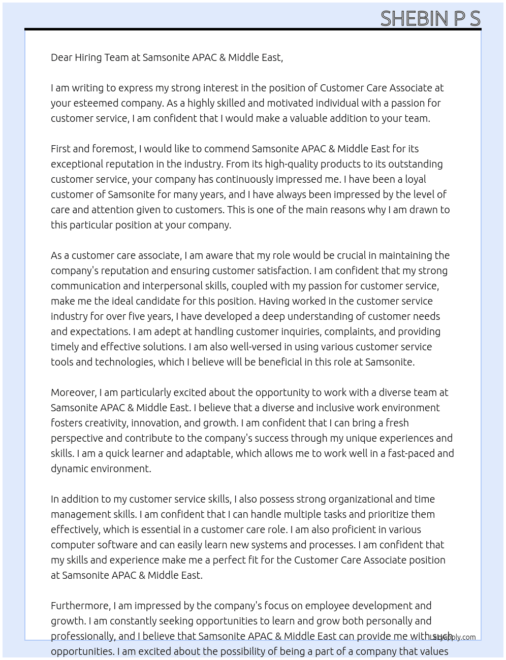 Customer Care Associate At Samsonite APAC & Middle East Cover Letter