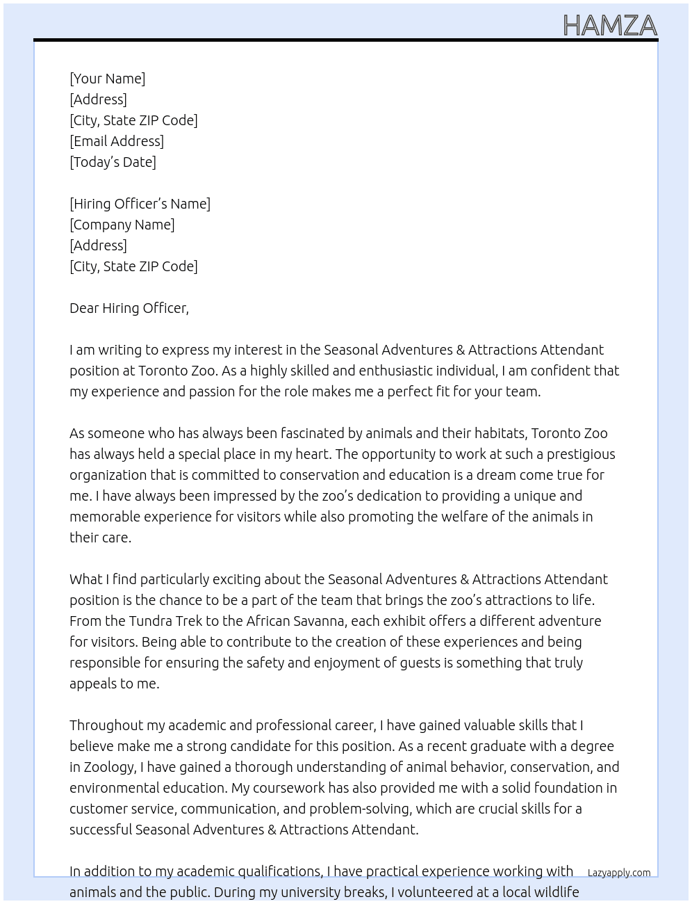Seasonal Adventures & Attractions Attendant At Toronto Zoo Cover Letter