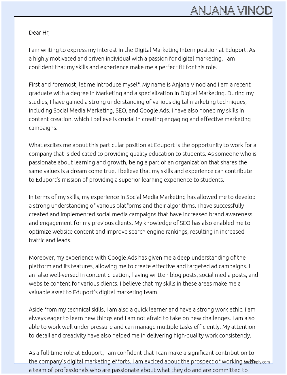 Digital Marketing Intern At Eduport Cover Letter