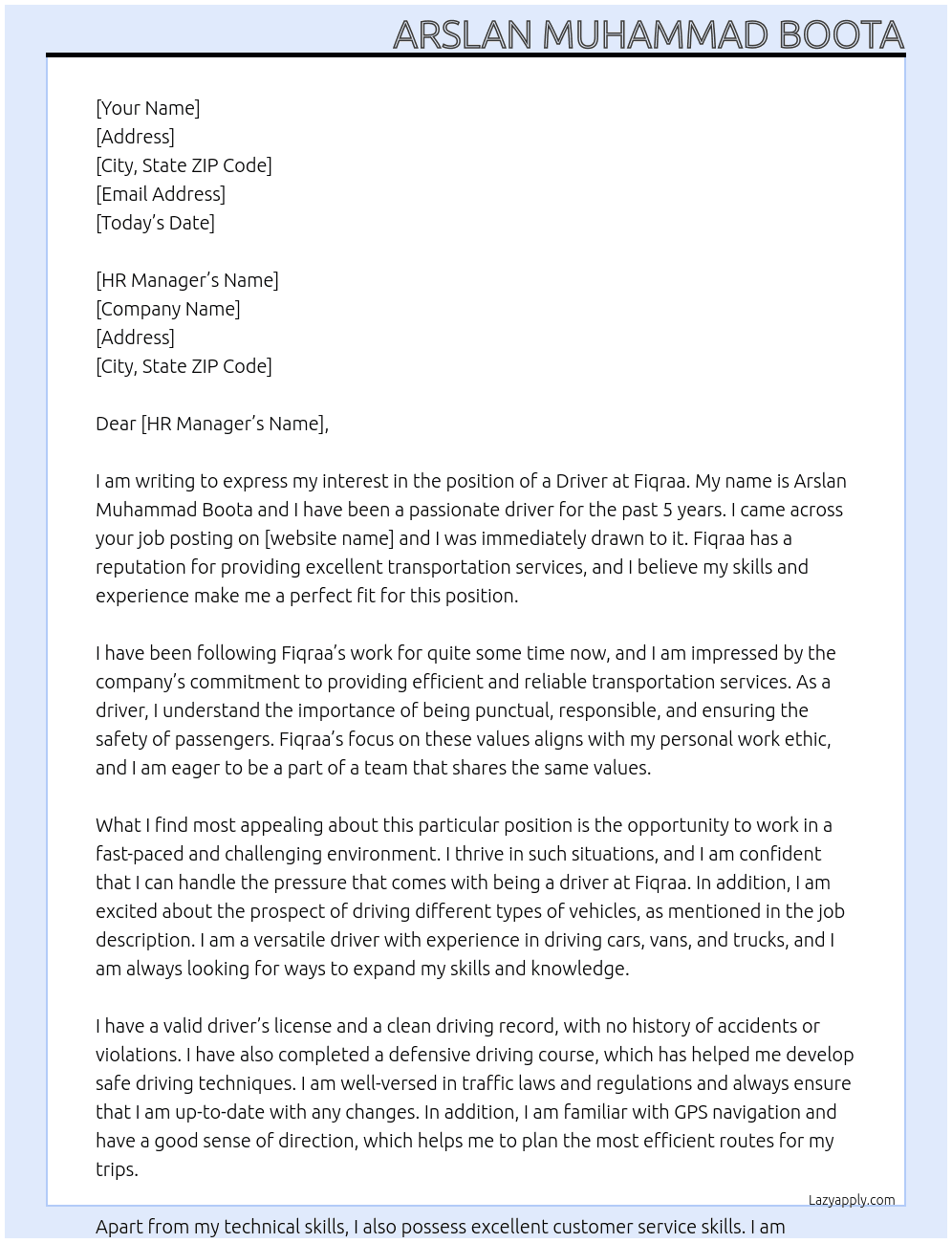 Driver  At Fiqraa Cover Letter
