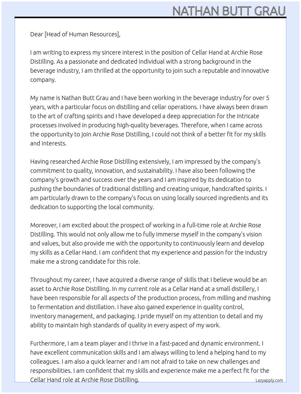 Cellar Hand At Archie Rose Distilling Cover Letter