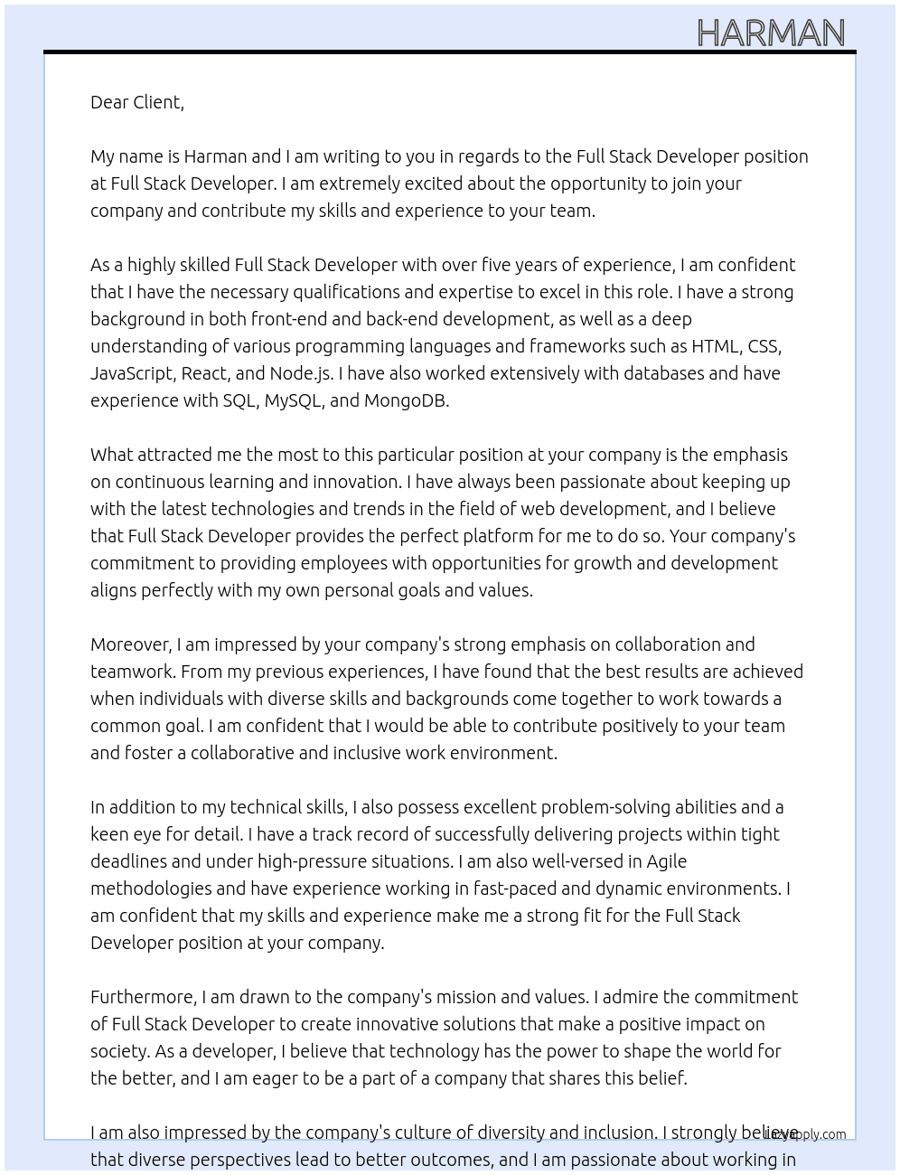 Full stack developer At Full stack developer  Cover Letter