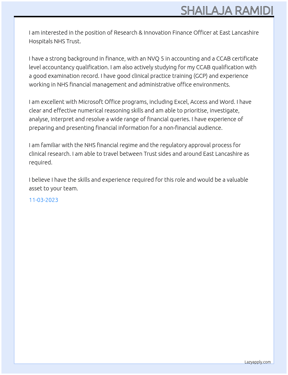 Research & Innovation Finance Officer At East Lancashire Hospitals NHS Trust Cover Letter