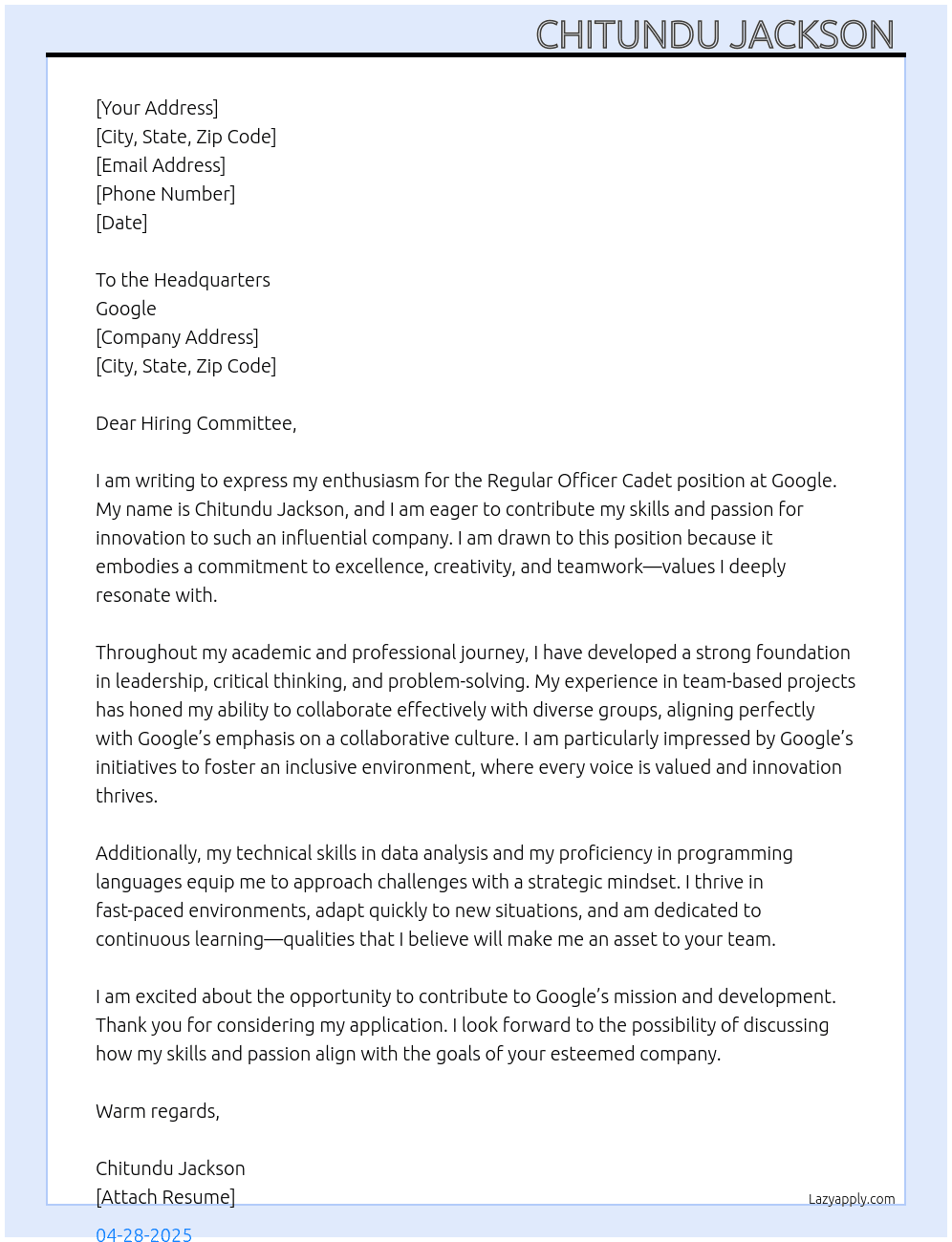 Cover letter for regular officer cadet - LazyApply