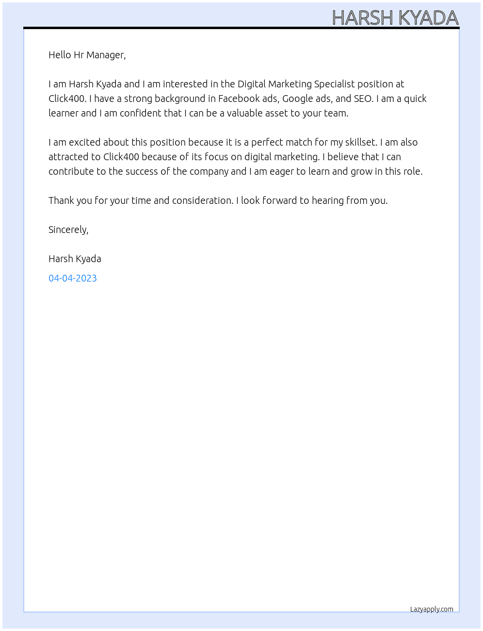 Digital Marketing Specialist At Click400 Cover Letter