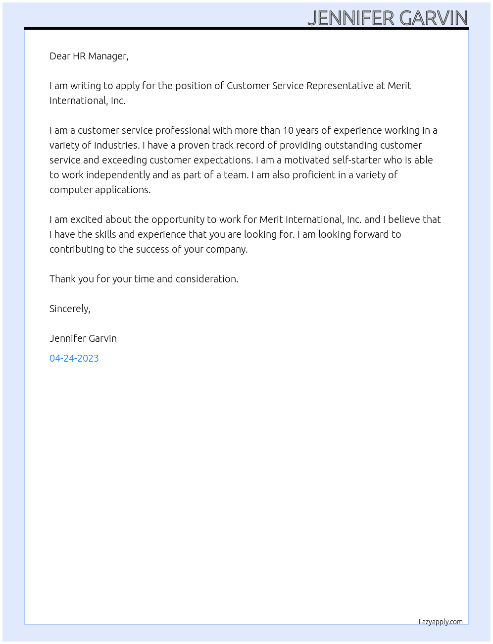 Customer Service Representative At Merit International, Inc.  Cover Letter