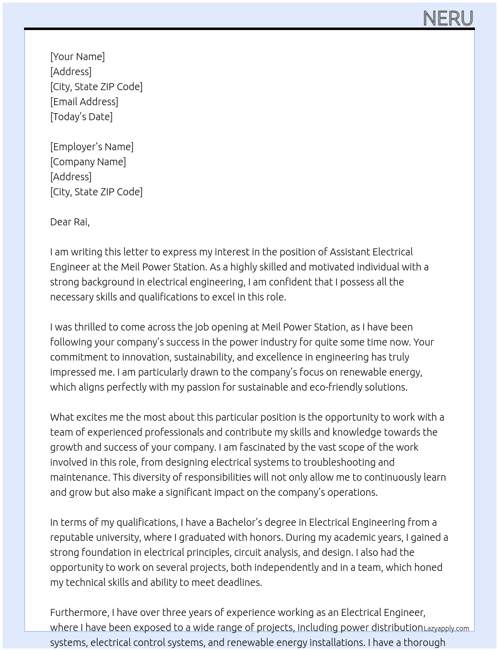 Assistant electrical engineer  At Meil power station  Cover Letter
