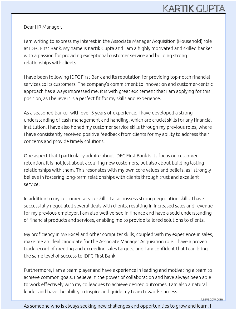 Banker At IDFC First Bank Cover Letter