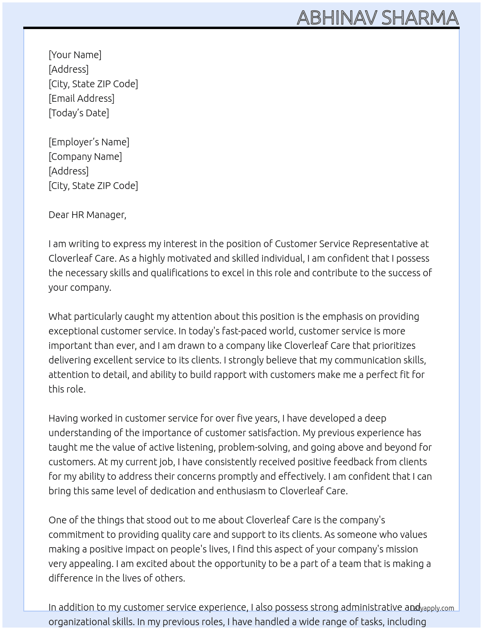 Customer Service Representative At Cloverleaf Care Cover Letter