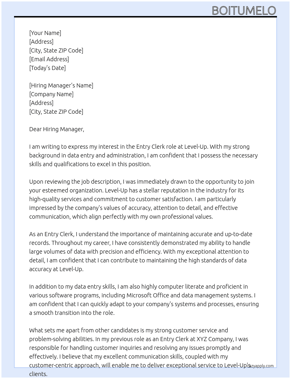 Entry Clerk At Level-Up Cover Letter