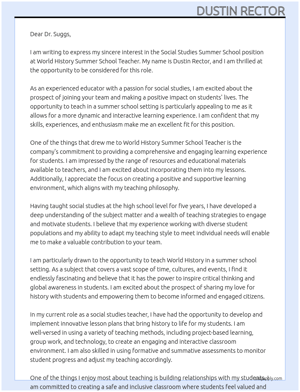 Social Studies Summer School position At World History Summer School Teacher Cover Letter