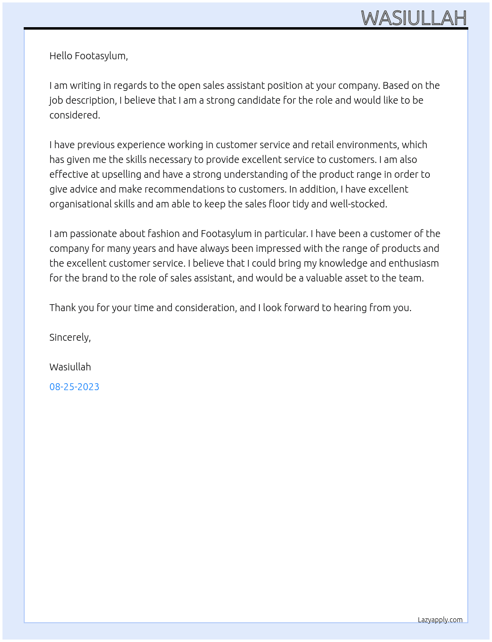 Sale assistant At Footasylum Cover Letter