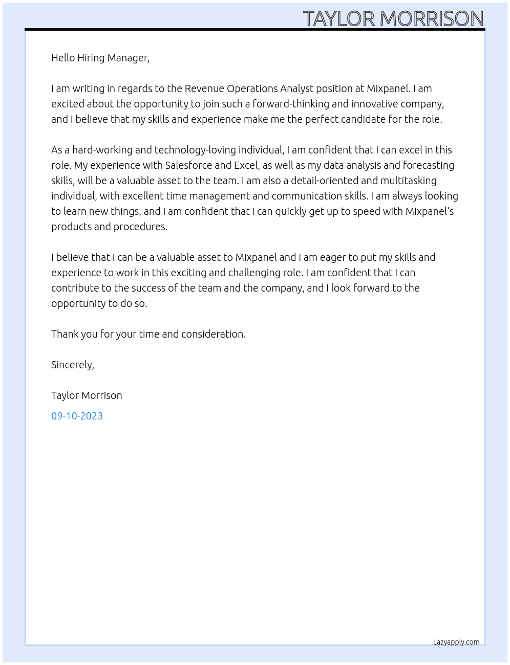 Revenue Operations Analyst At Mixpanel Cover Letter