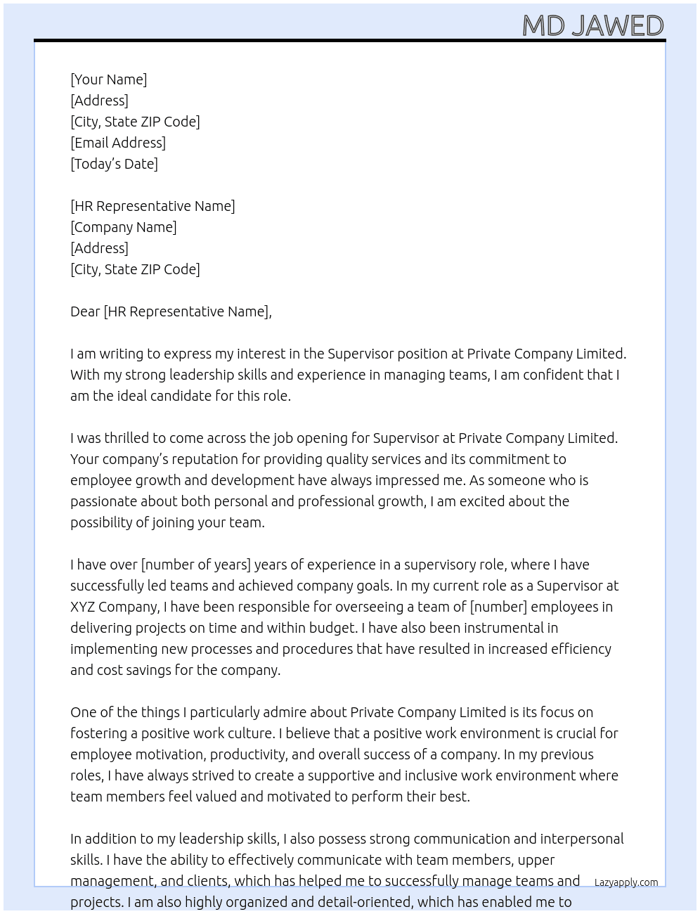 Supervisor At Private company limited Cover Letter
