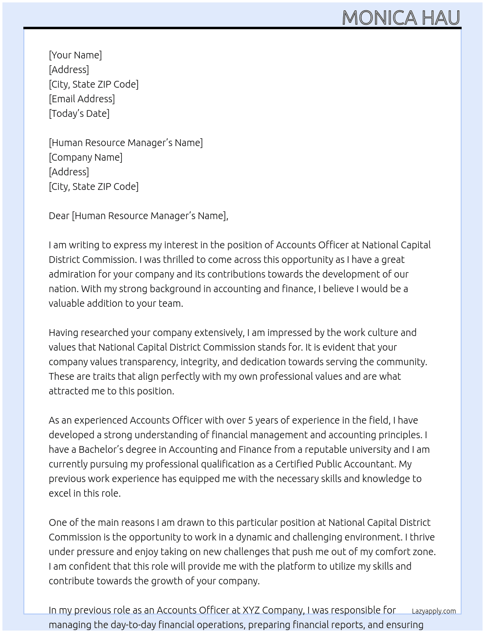 Accounts Officer  At National Capital District Commission  Cover Letter
