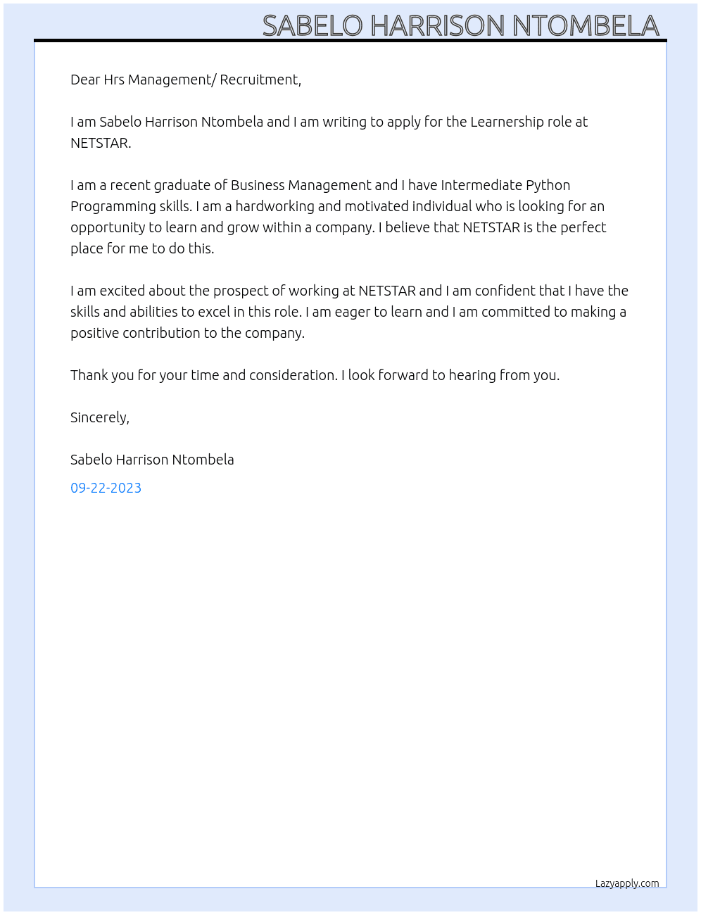 Learnership At NETSTAR Cover Letter