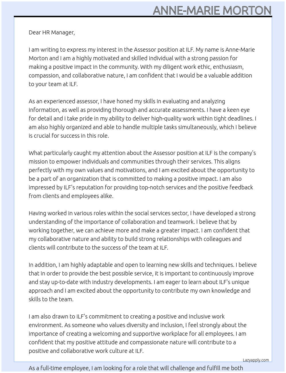 Assessor At ILF Cover Letter
