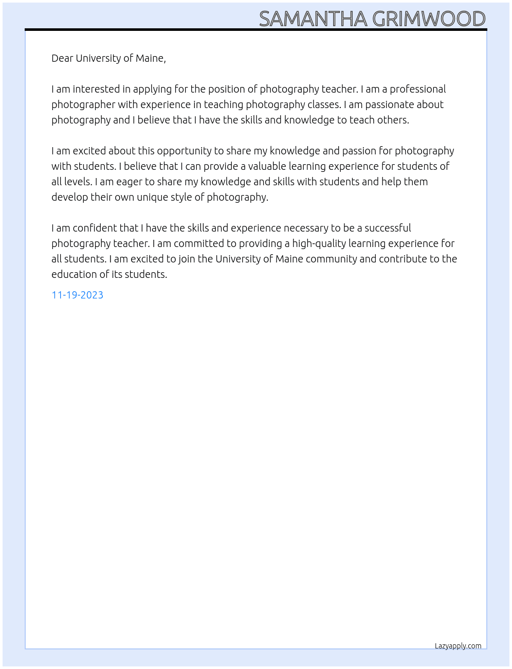 Photography Teacher At University of Maine Cover Letter