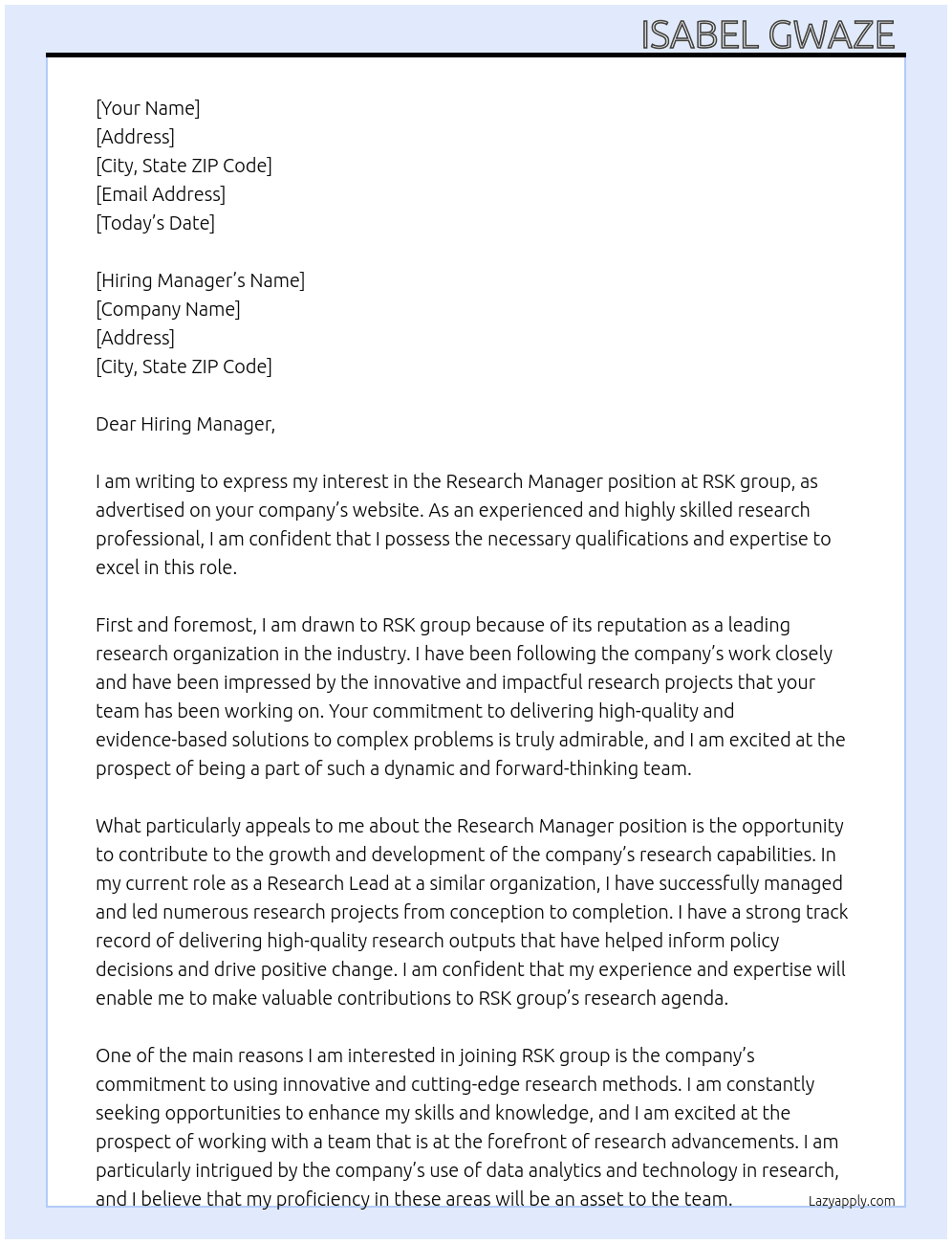 Research Manager At RSK group Cover Letter