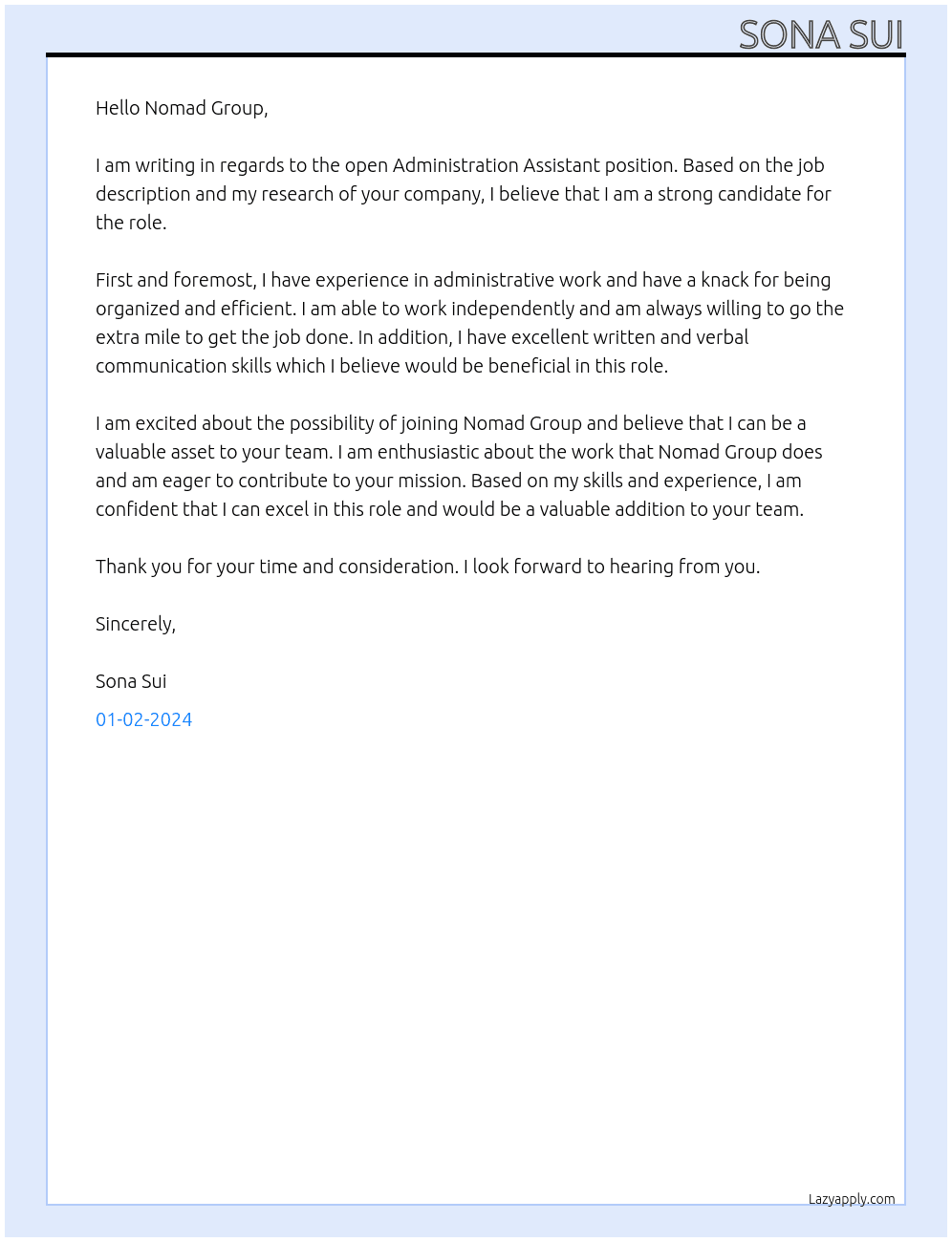 Administration Assistant  At Nomad Group Cover Letter