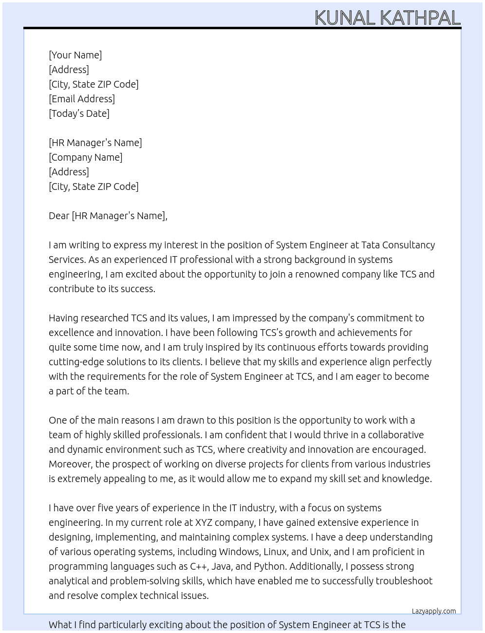 System Engineer At Tata Consultancy Services Cover Letter