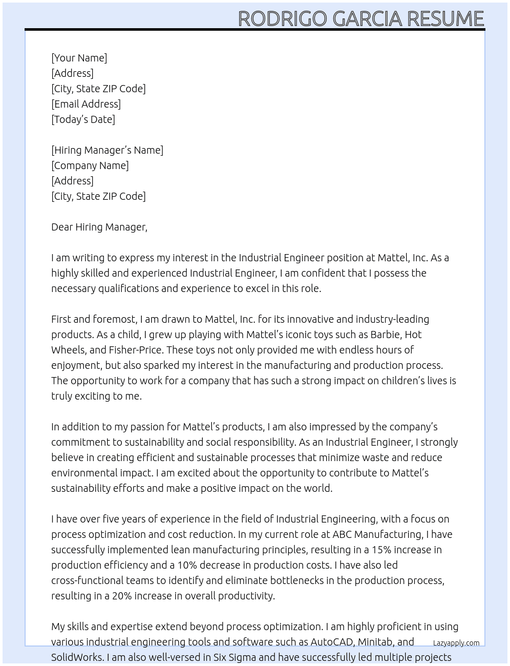 Industrial Engineer At Mattel, Inc Cover Letter
