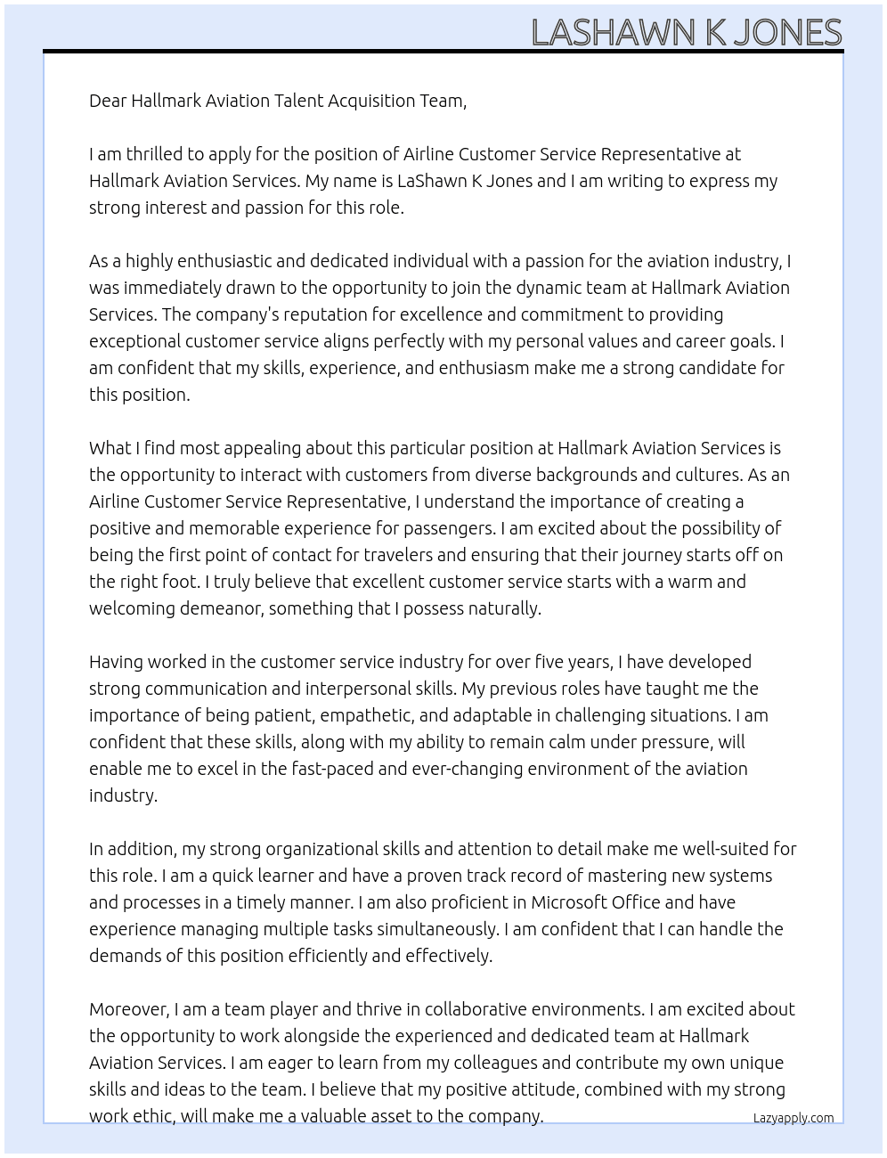 Airline Customer Service Representative At Hallmark Aviation Services Cover Letter