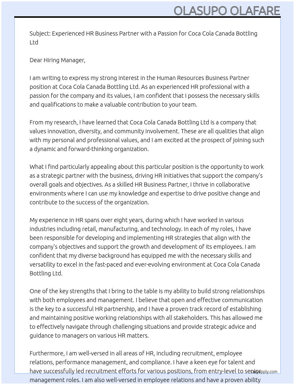 Human Resources Business Partner At Coca Cola Canada Bottling Ltd Cover Letter
